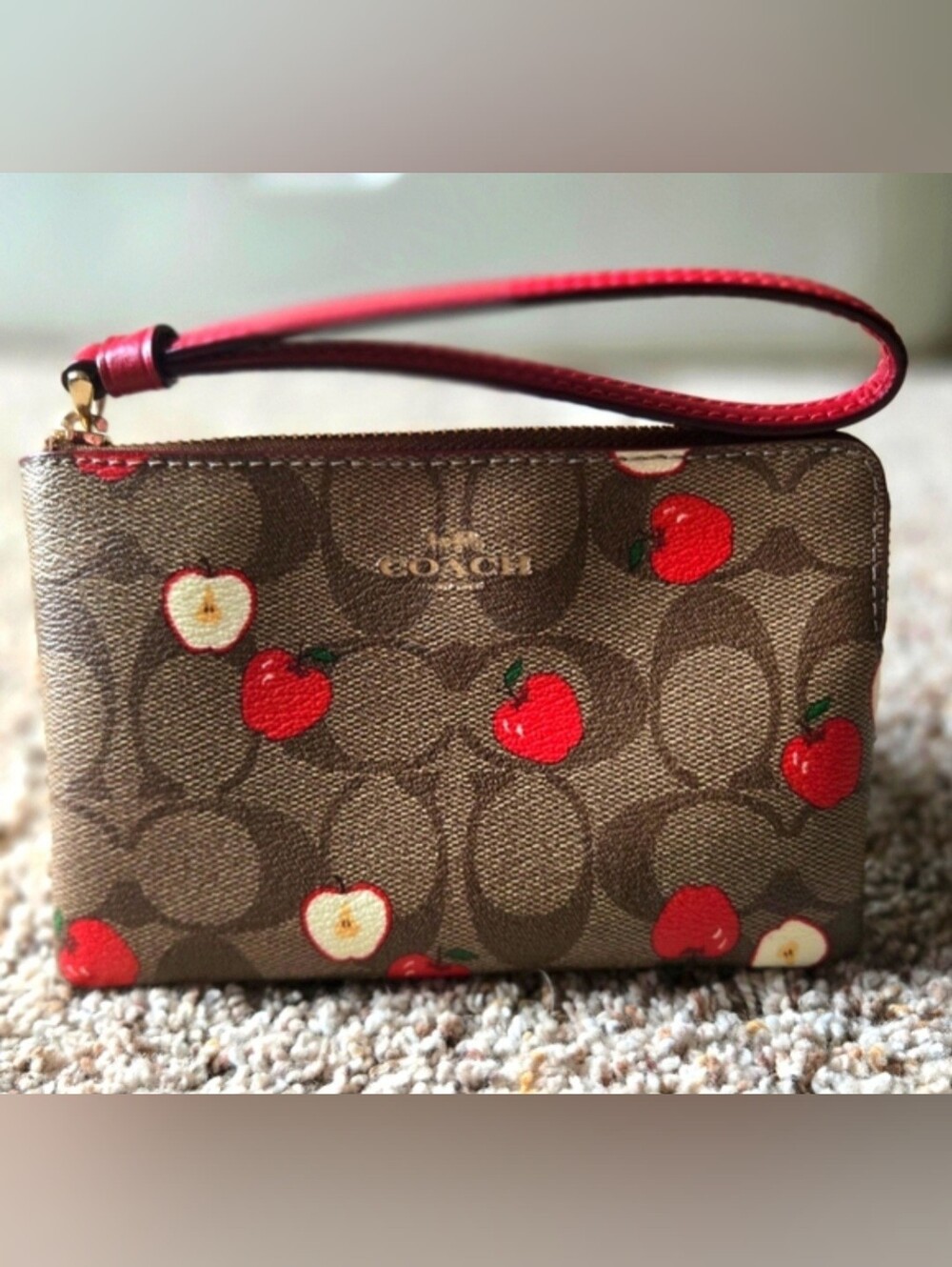 Coach Brown Signature Apple Print Wristlet with Red Strap NEW